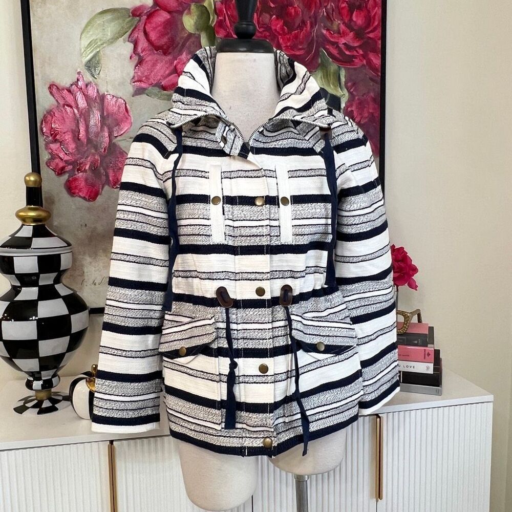 Ann Taylor LOFT Women's Striped Drawstring Waist Jacket Coat Navy Cream 2XSP NWT